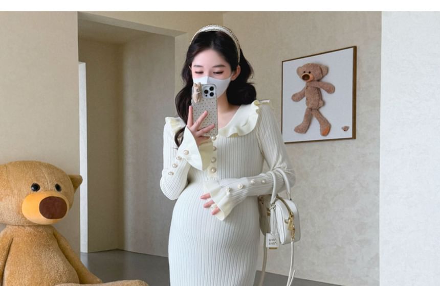 Maternity Long Sleeve Collared Plain Ruffle Faux Pearl Button Ribbed Knit Maxi Mermaid Dress