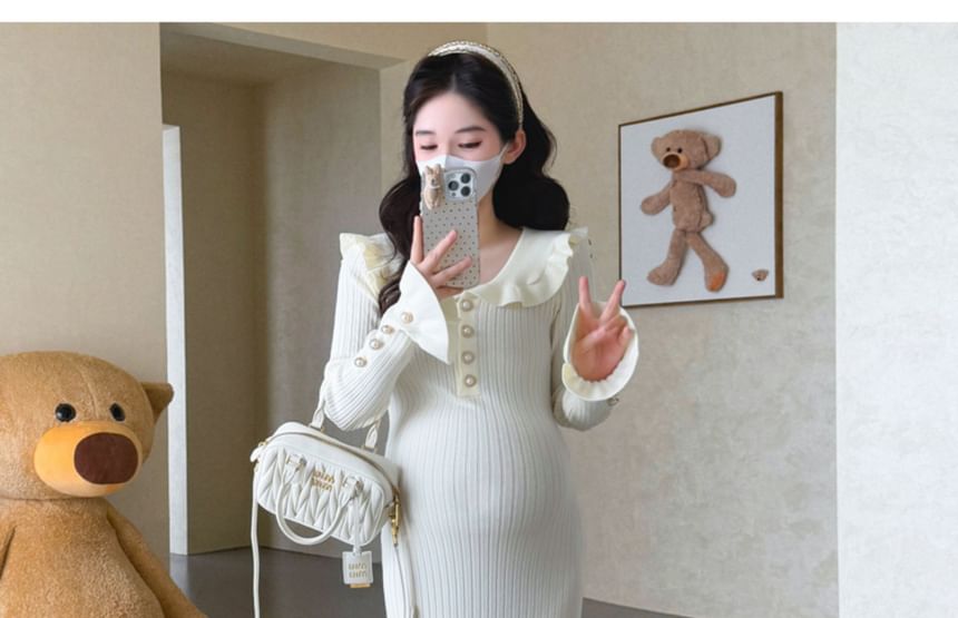 Maternity Long Sleeve Collared Plain Ruffle Faux Pearl Button Ribbed Knit Maxi Mermaid Dress