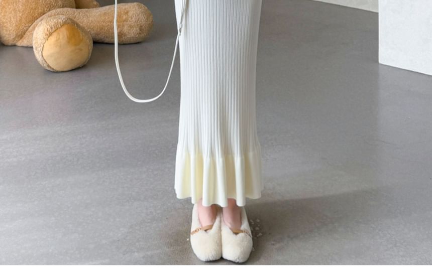 Maternity Long Sleeve Collared Plain Ruffle Faux Pearl Button Ribbed Knit Maxi Mermaid Dress