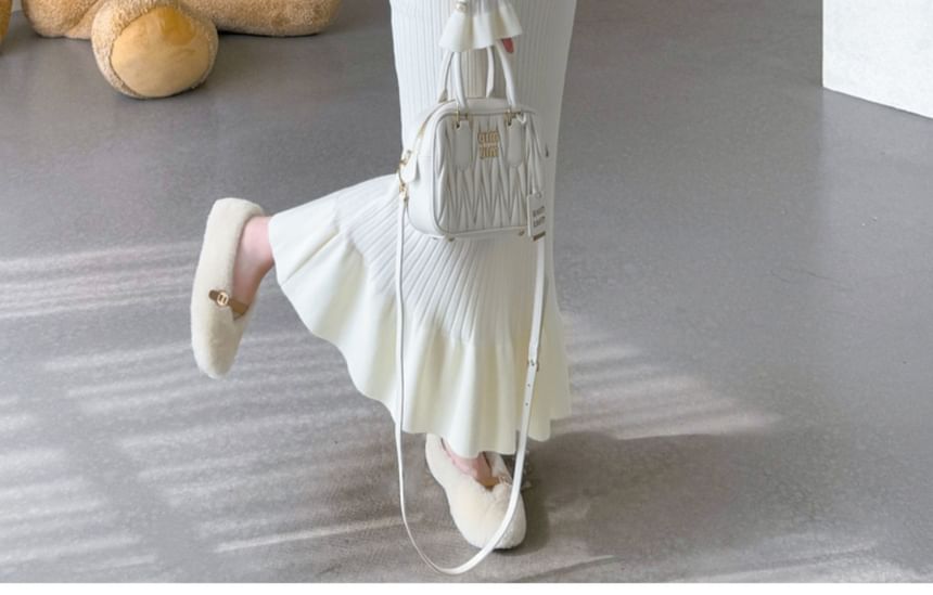 Maternity Long Sleeve Collared Plain Ruffle Faux Pearl Button Ribbed Knit Maxi Mermaid Dress