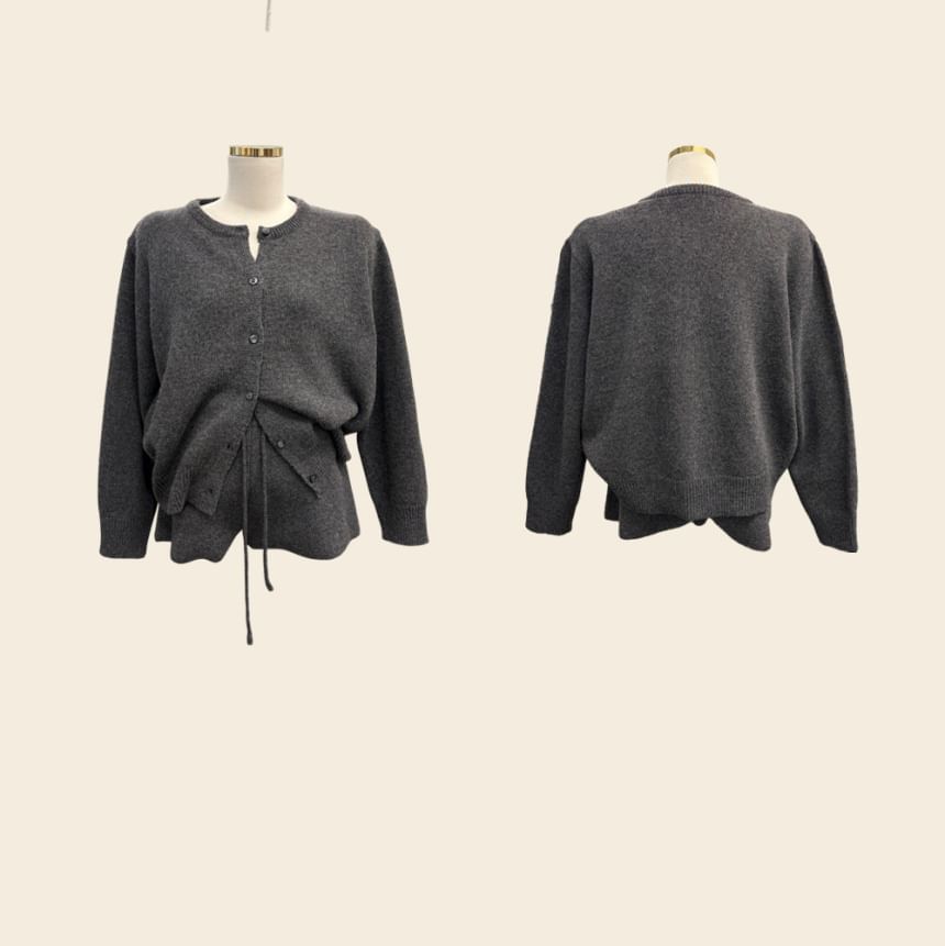 Set: Crew Neck Button-Up Plain Cardigan + Drawstring Waist Hot Pants