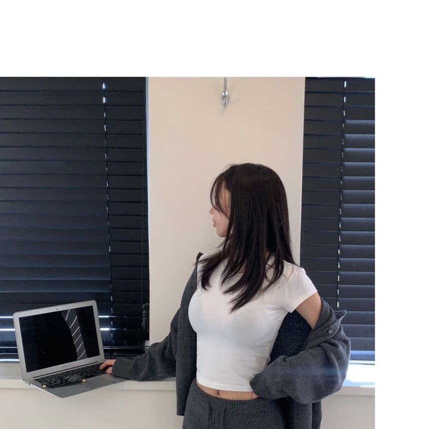Set: Crew Neck Button-Up Plain Cardigan + Drawstring Waist Hot Pants