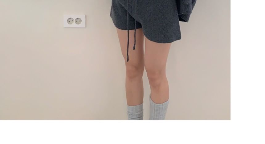 Set: Crew Neck Button-Up Plain Cardigan + Drawstring Waist Hot Pants