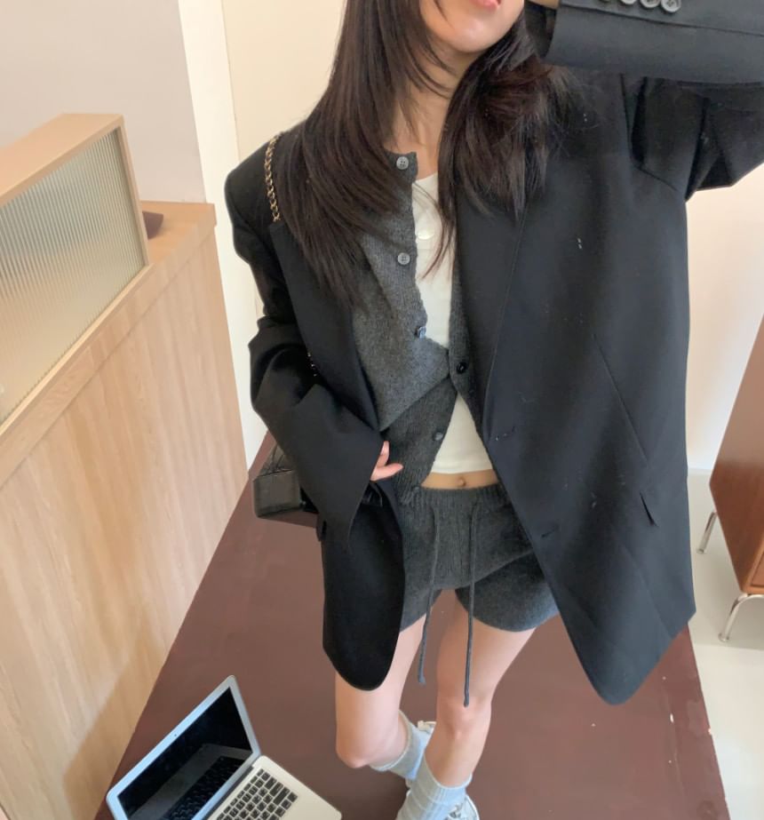 Set: Crew Neck Button-Up Plain Cardigan + Drawstring Waist Hot Pants
