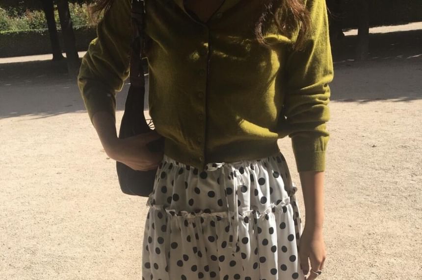 Dotted Frill Midi A-Line Skirt with Elastic Waist