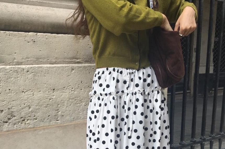 Dotted Frill Midi A-Line Skirt with Elastic Waist