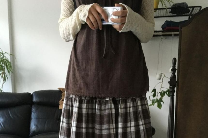 Plaid Frill Midi A-Line Skirt with Elastic Waist