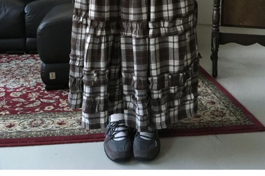 Plaid Frill Midi A-Line Skirt with Elastic Waist