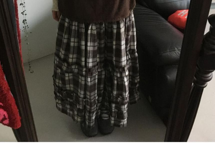 Plaid Frill Midi A-Line Skirt with Elastic Waist
