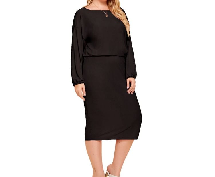 Long-Sleeve Crewneck Blouse and High Waist Midi Skirt Set