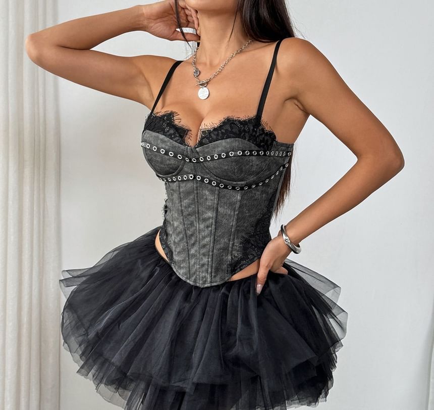 Lace-Trimmed Crop Corset Top with Grommet Details