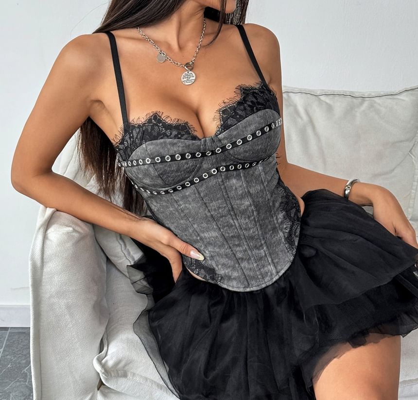 Lace-Trimmed Crop Corset Top with Grommet Details