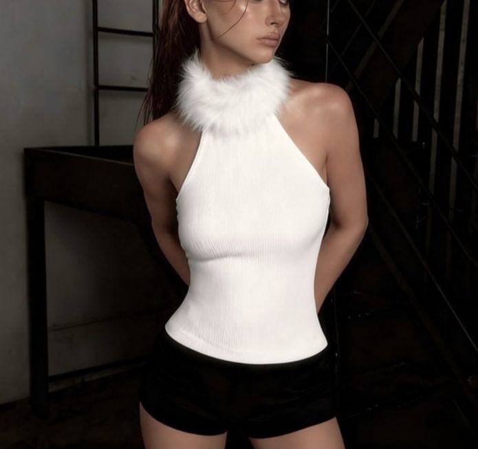 Halter Neck Faux Fur Panel Plain Slim-Fit Tank Top