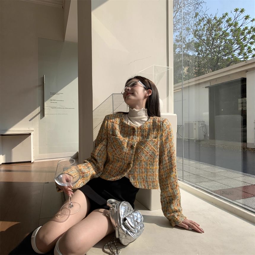 Crew Neck Plaid Button-Up Tweed Crop Jacket