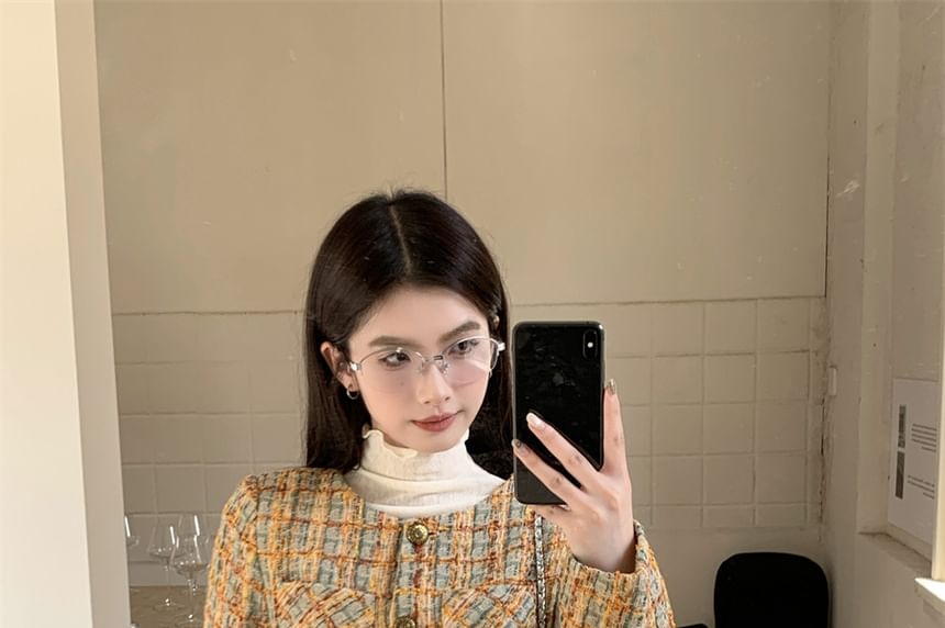 Crew Neck Plaid Button-Up Tweed Crop Jacket