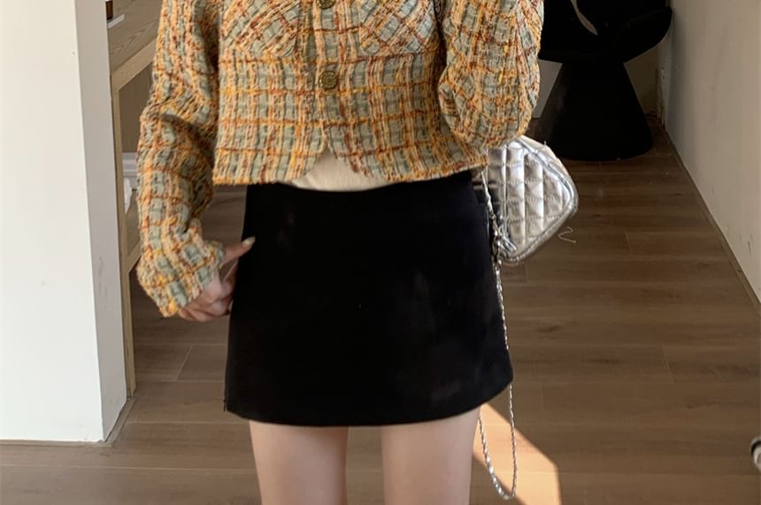 Crew Neck Plaid Button-Up Tweed Crop Jacket