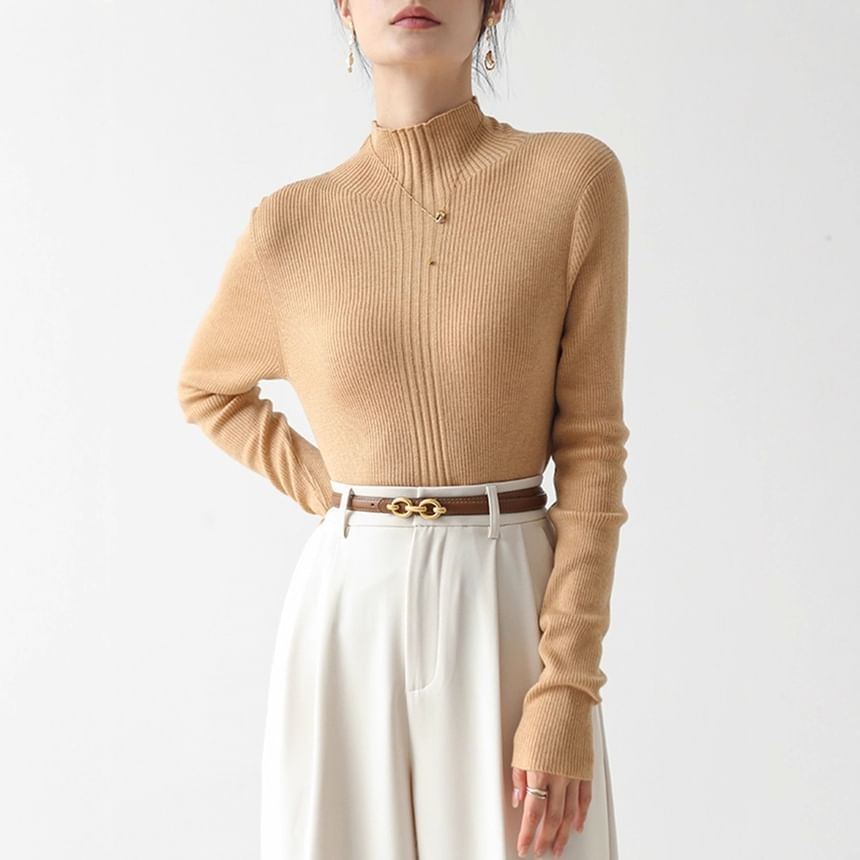 Long Sleeve Mock Neck Plain Ribbed Knit Shirt
