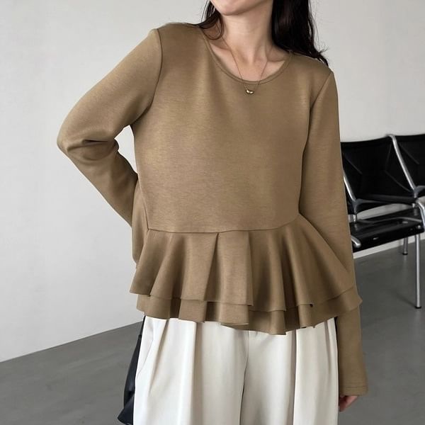 Round Neck Plain Peplum Sweatshirt