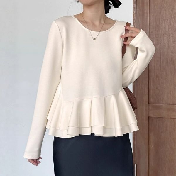 Round Neck Plain Peplum Sweatshirt