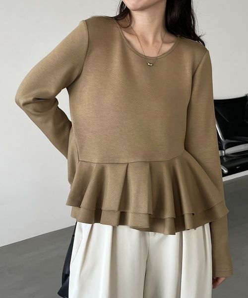 Round Neck Plain Peplum Sweatshirt