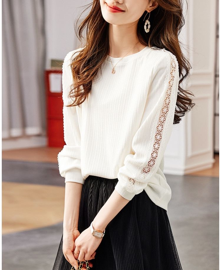 Round Neck Lace Insert Sweatshirt
