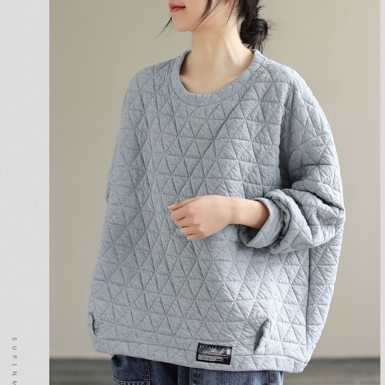 Crew Neck Plain Quilted Pullover Sweater