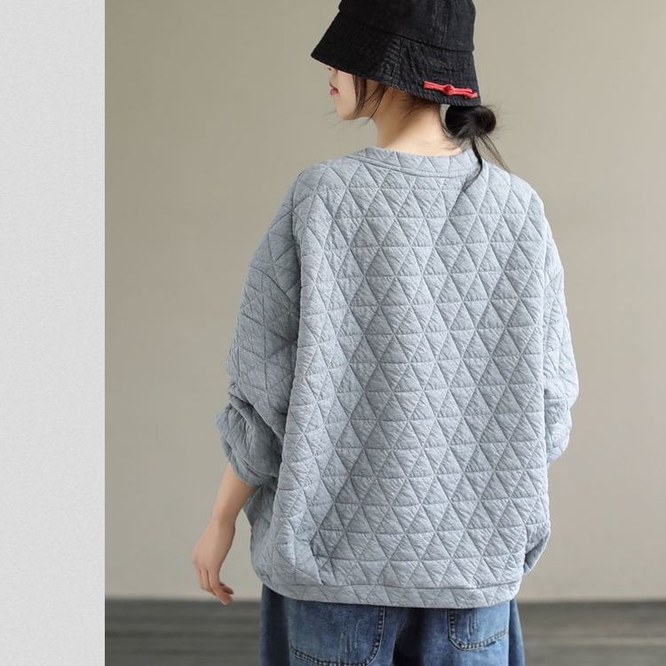 Crew Neck Plain Quilted Pullover Sweater