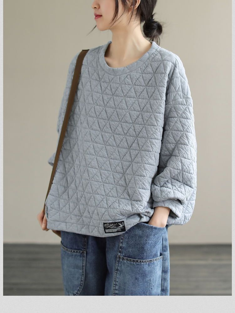 Crew Neck Plain Quilted Pullover Sweater