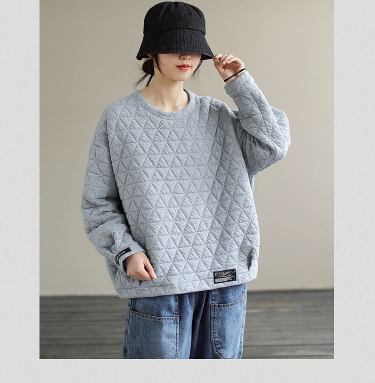 Crew Neck Plain Quilted Pullover Sweater