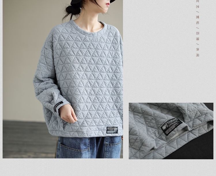 Crew Neck Plain Quilted Pullover Sweater