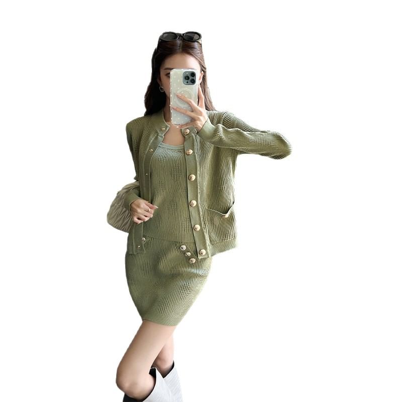 Set: Sleeveless Plain Ribbed Mini Sheath Dress + Round Neck Cardigan