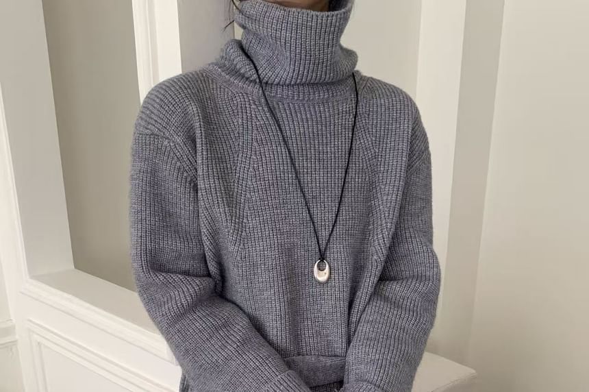 Oversized Turtleneck Slit Sweater Set with Belt