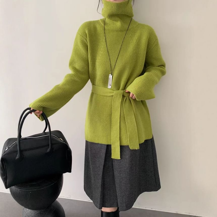 Oversized Turtleneck Slit Sweater Set with Belt