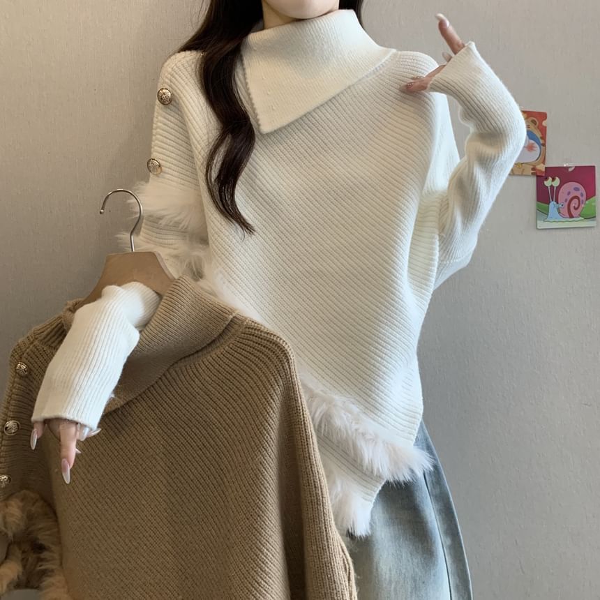 Fluffy Panel Turtleneck Asymmetrical Knit Top Long Sleeve