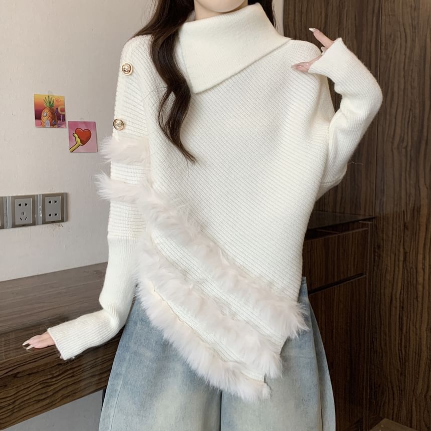 Fluffy Panel Turtleneck Asymmetrical Knit Top Long Sleeve