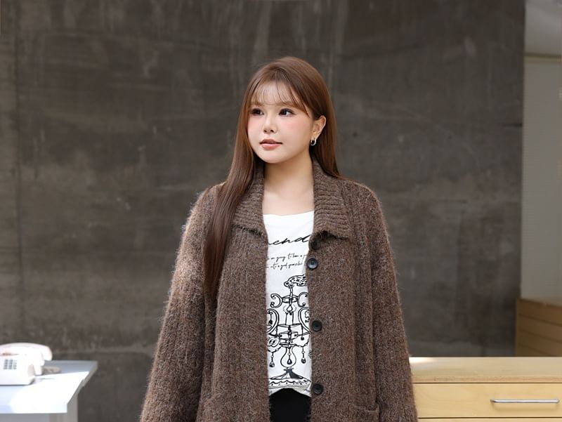 Plus Size Stand Collar Plain Button Up Cardigan