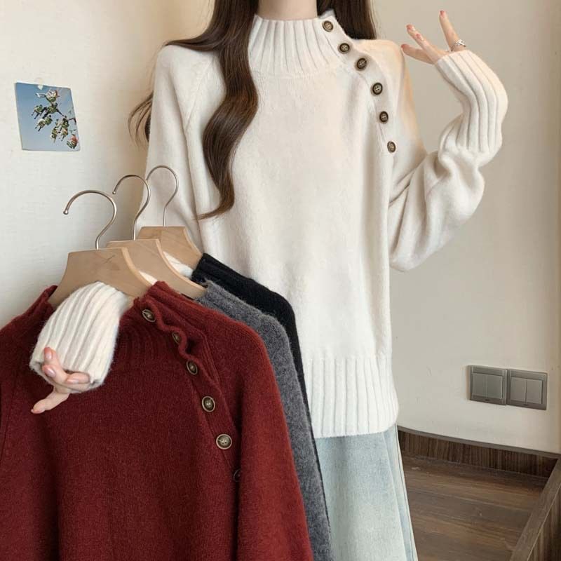 High Neck Button Detail Long Sleeve Knit Sweater