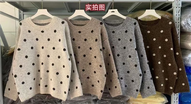 Polka Dot Round Neck Long Sleeve Sweater