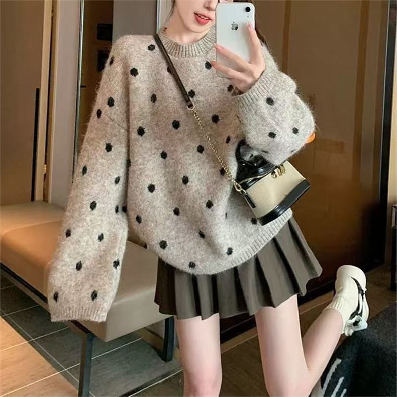 Polka Dot Round Neck Long Sleeve Sweater