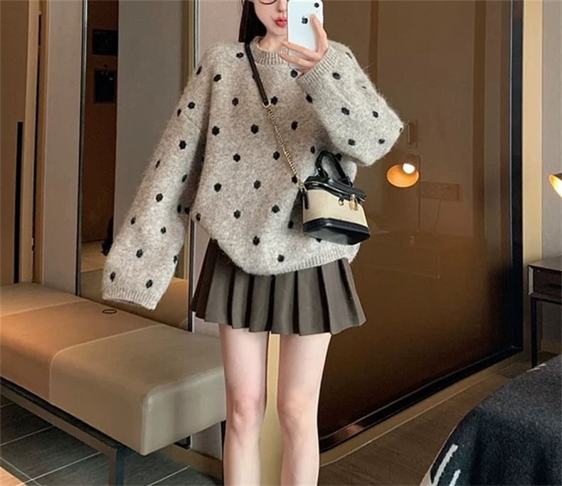 Polka Dot Round Neck Long Sleeve Sweater