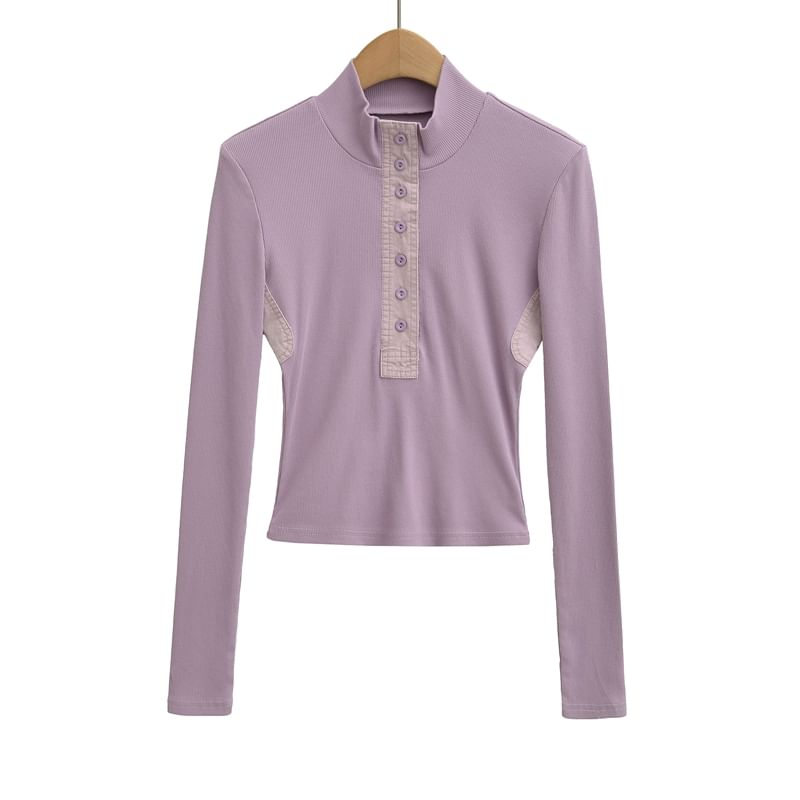 Plain Crop Tee with Mock Neck and Long Sleeves