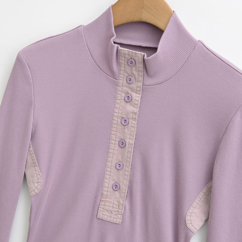 Plain Crop Tee with Mock Neck and Long Sleeves