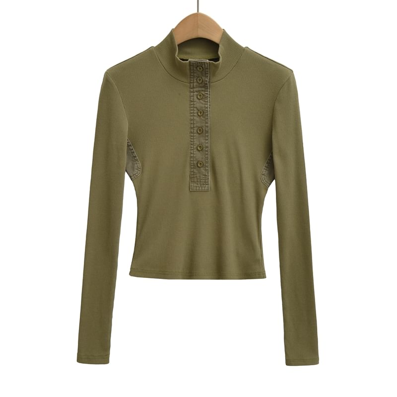 Plain Crop Tee with Mock Neck and Long Sleeves