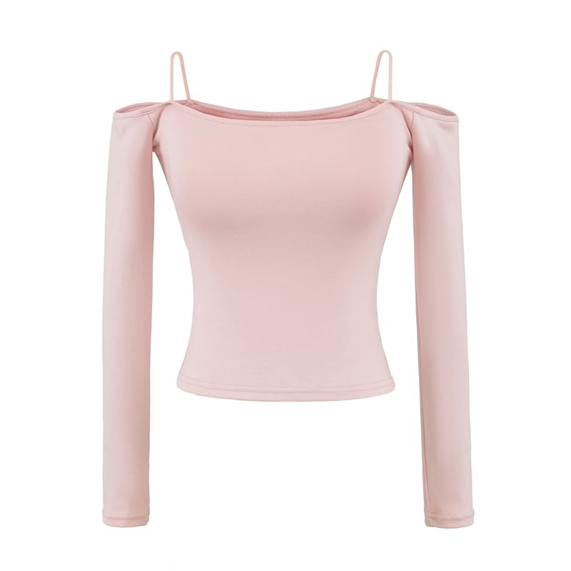 Plain Cold-Shoulder Crop Tee with Long Sleeves