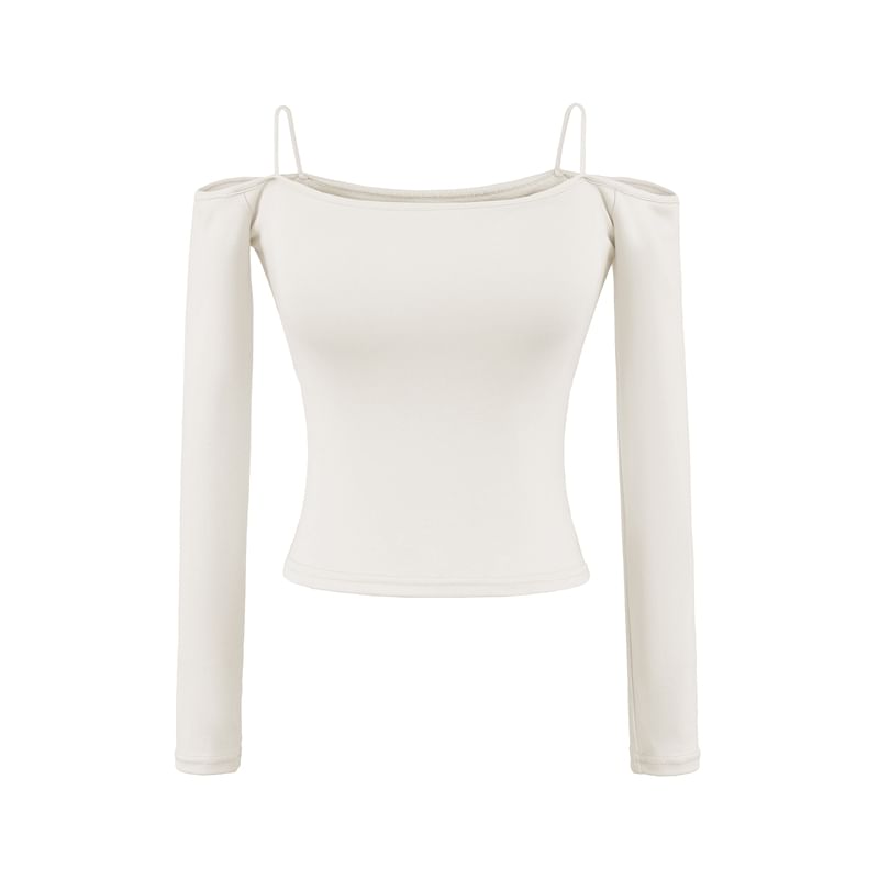 Plain Cold-Shoulder Crop Tee with Long Sleeves
