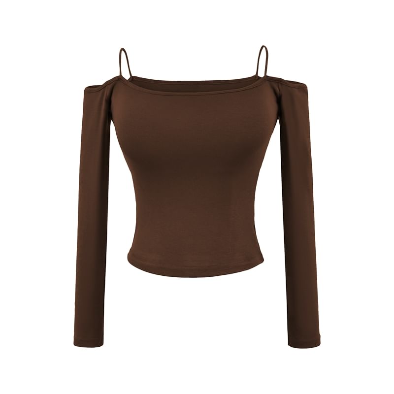 Plain Cold-Shoulder Crop Tee with Long Sleeves
