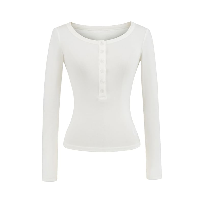 Plain Crop Tee with Scoop Henley Neck and Long Sleeves