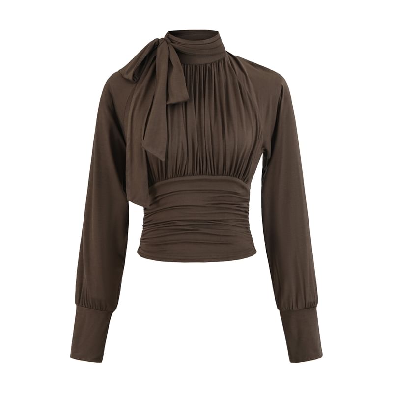 Ruched Plain Blouse with Mock Neck and Long Sleeves