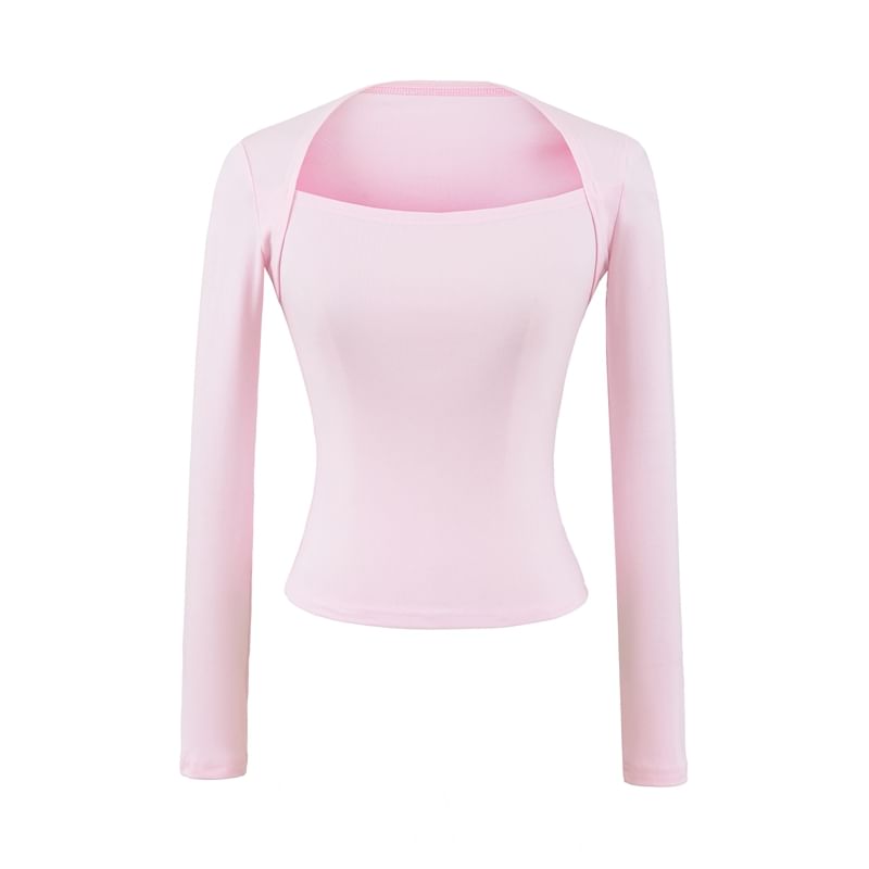 Plain Crop Tee with Square Neck and Long Sleeves