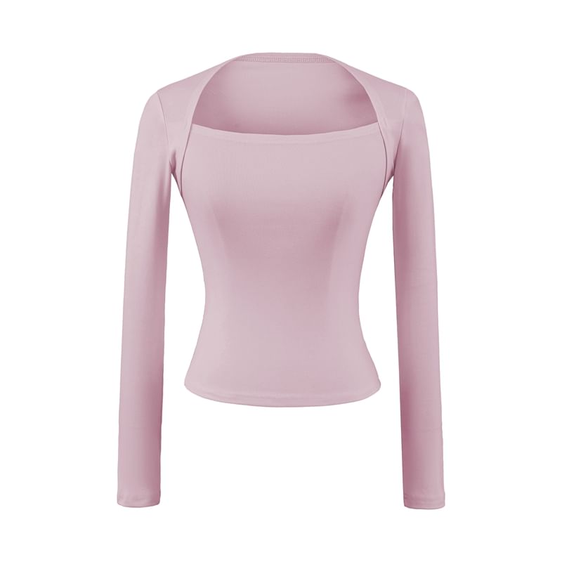 Plain Crop Tee with Square Neck and Long Sleeves